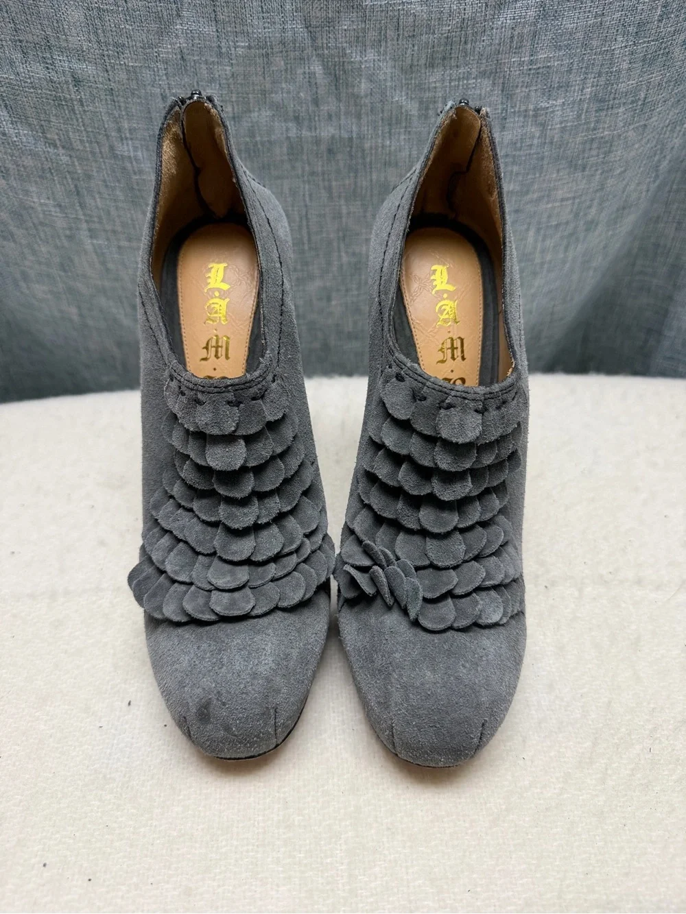 L.A.M.B. Charcoal Gray Suede Ruffle Front Booties